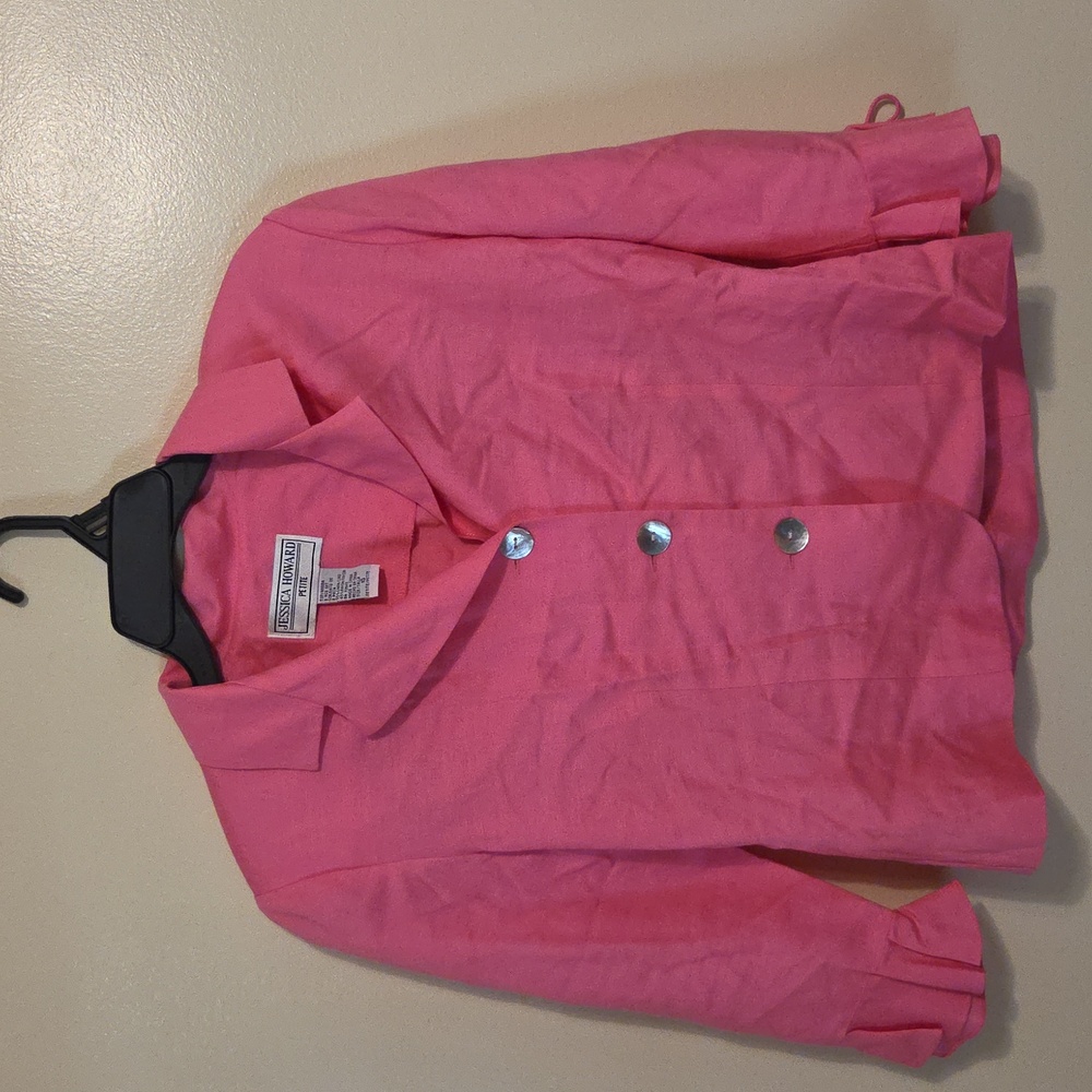 Vintage 90s Linen Blend Barbie Pink Classy Blazer Jacket Peplum Sleeves Size 10